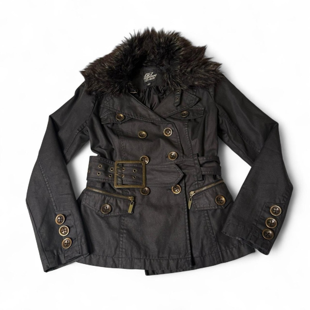 Blanc Noir Dark Grey Jacket with Faux Fur Collar and Belt - Small